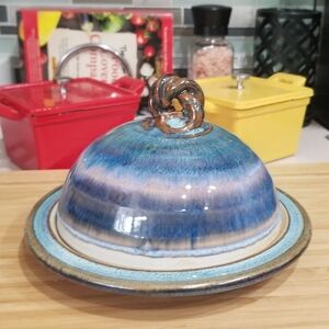 Studio Art Pottery Dome Butter Dish Cheese Plate Blue‎ Brown Glazed Stone…